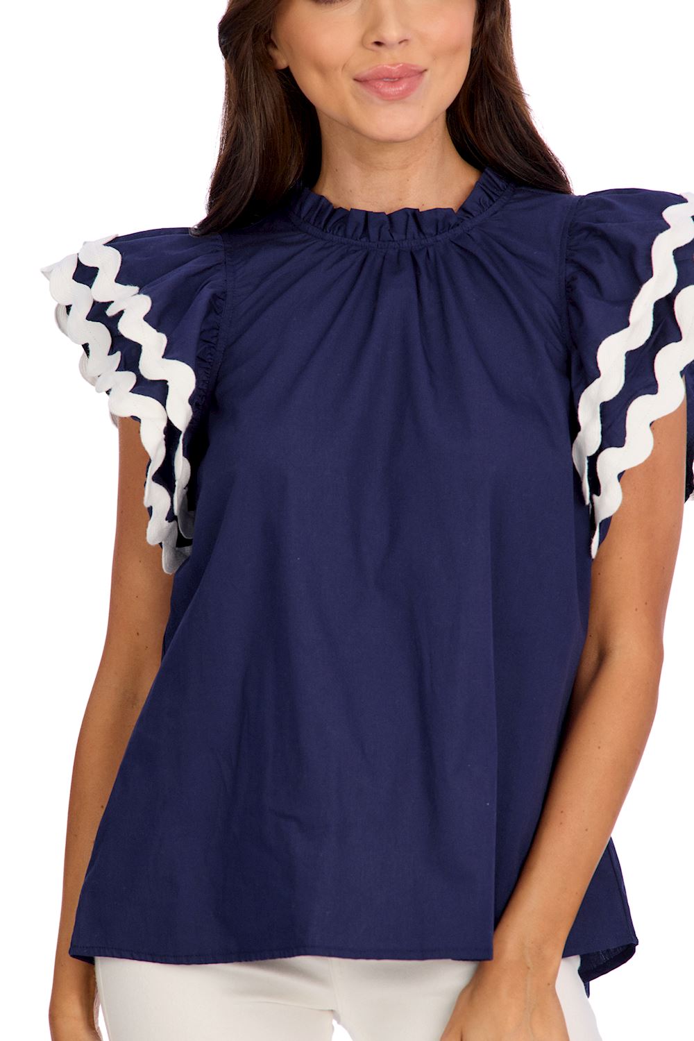 Angie Ric Rac Top: Navy blue cotton poplin blouse with flutter sleeves, white wavy trim, and gathered neckline. Available in sizes XS to XL.