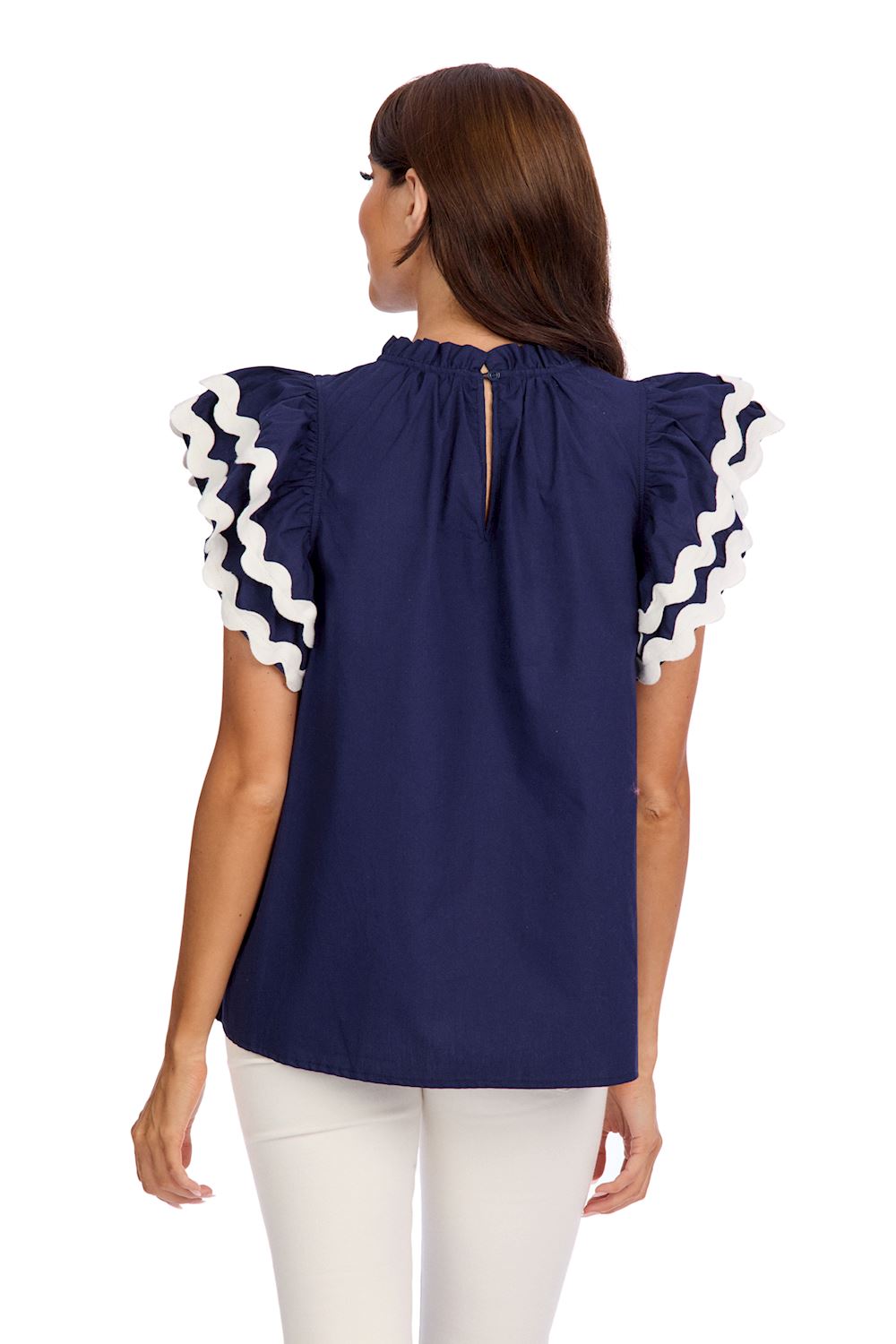 Navy blue cotton poplin blouse with flutter sleeves and white wavy trim. Sizes available: XS, S, M, L, XL.