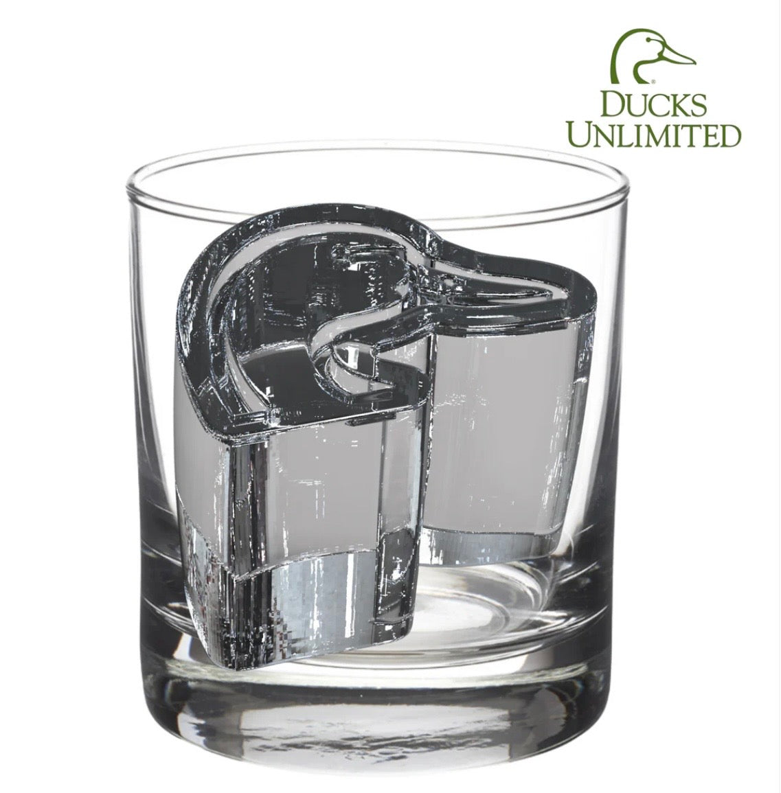 Clear glass with a duck-shaped ice cube from the Ducks Unlimited Ice Mold. Mold available in small, medium, and large sizes.