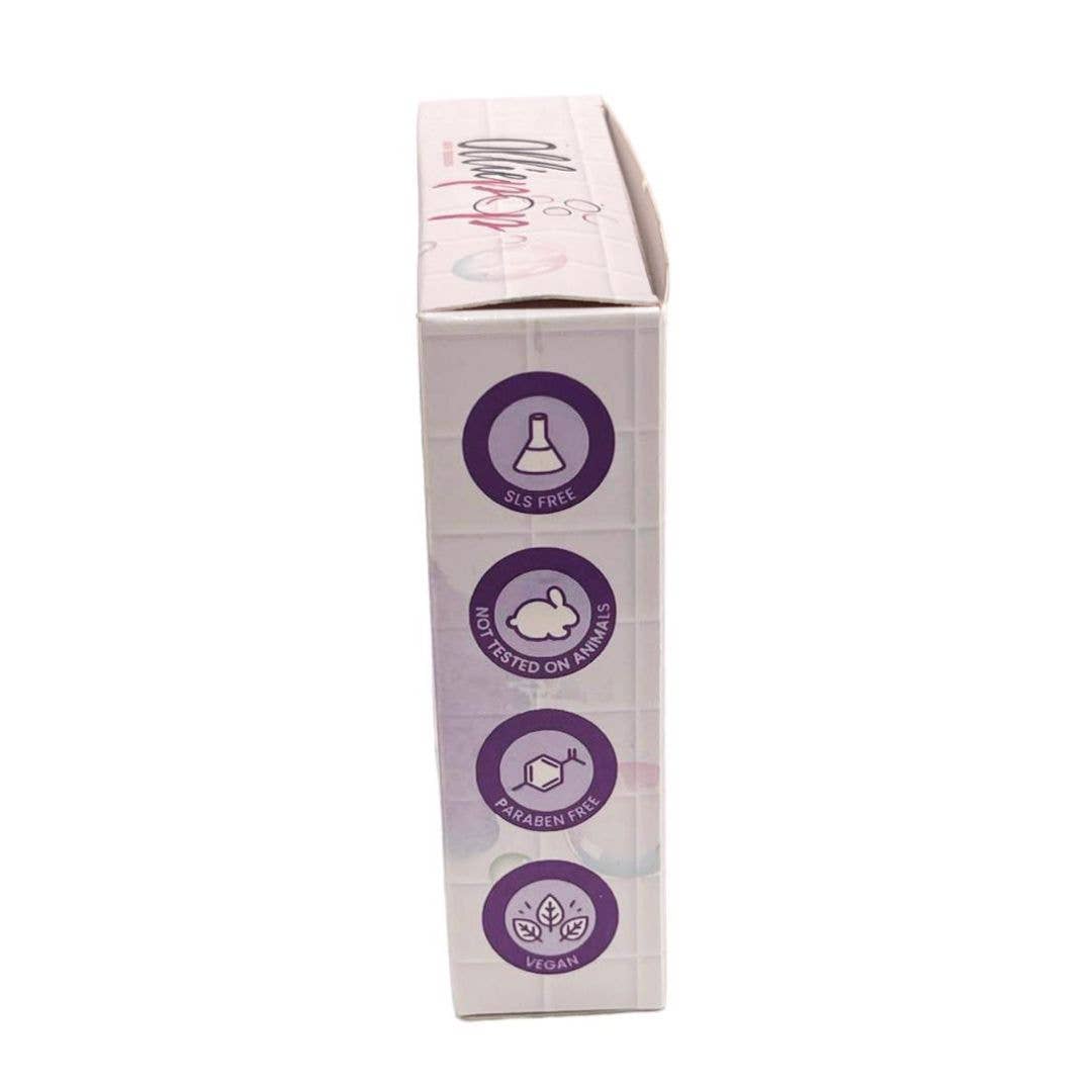 Handmade Lavender Lullaby Bar Soap box, white and light purple, four icons: SLS free, cruelty-free, paraben free, vegan. Sizes not listed.