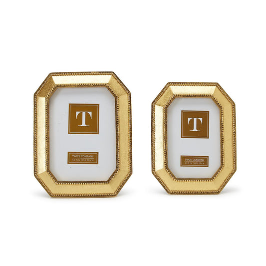 Two octagonal gold bead-detailed photo frames in two sizes, each with a placeholder featuring a gold "T" on white.