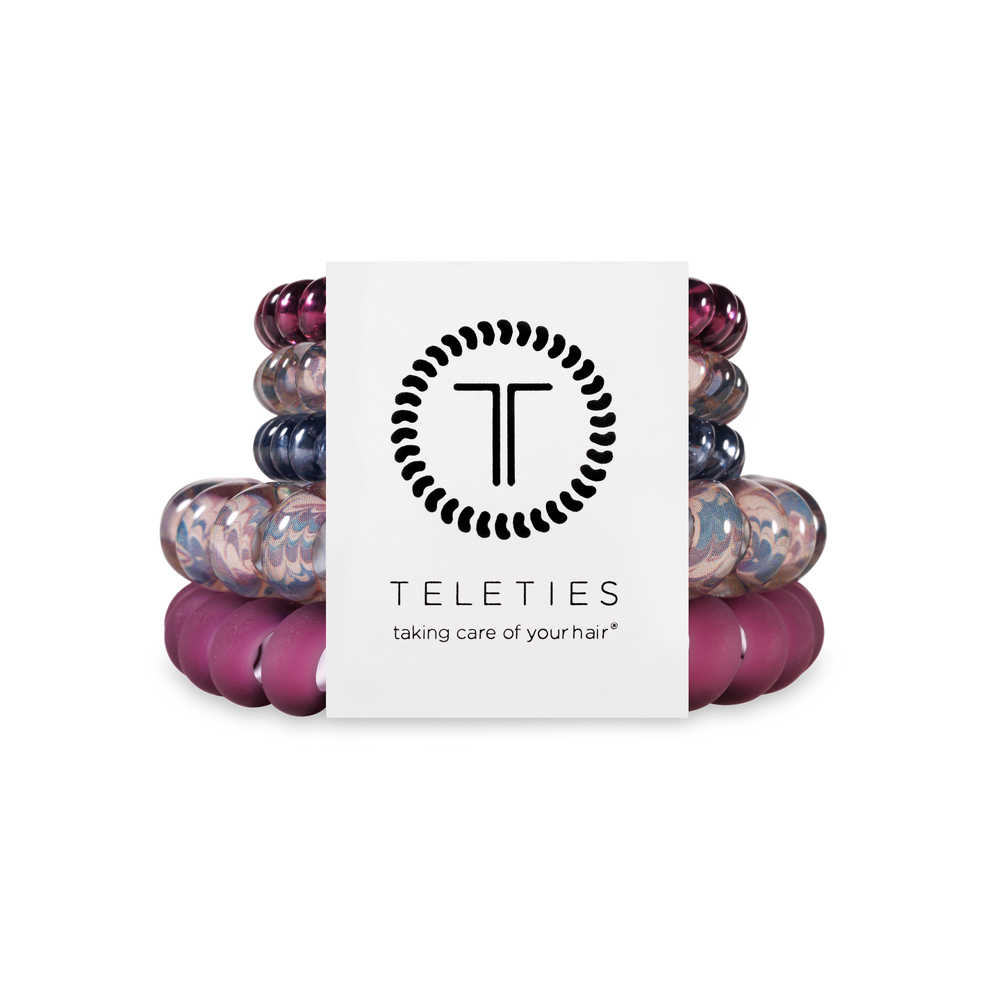 TELETIES Hair Ties in purple, pink, and marbled colors; available in multiple sizes. Includes branded white packaging.