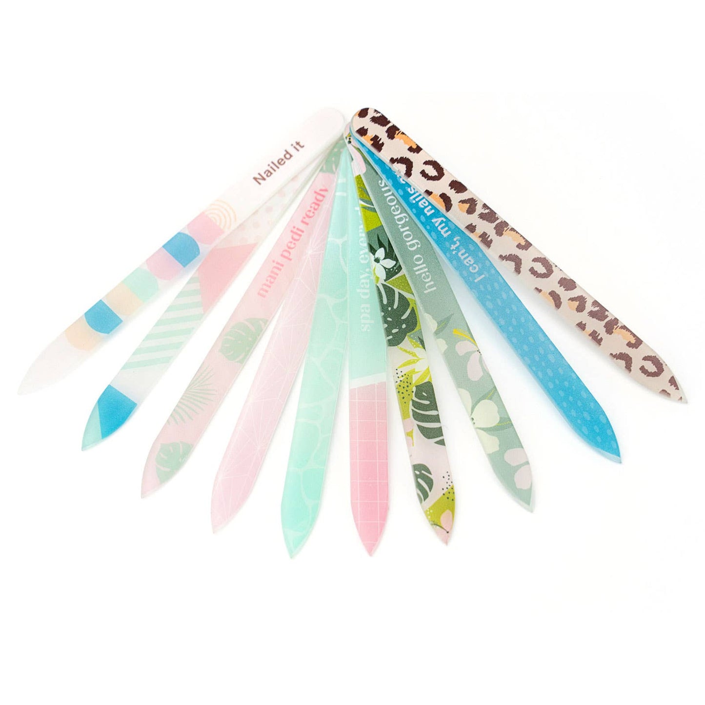 Lemon Lavender Glass Nail Files with stripe, animal print, polka dot, and leaf designs; available in standard and mini sizes.