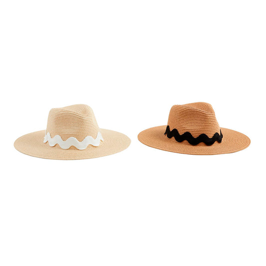 Wide-brimmed straw hats with woven paper straw. Ric Rac Fedora: beige with oversized ric-rac ribbon trim. Tan hat: black wavy band. Sizes available: S, M, L.