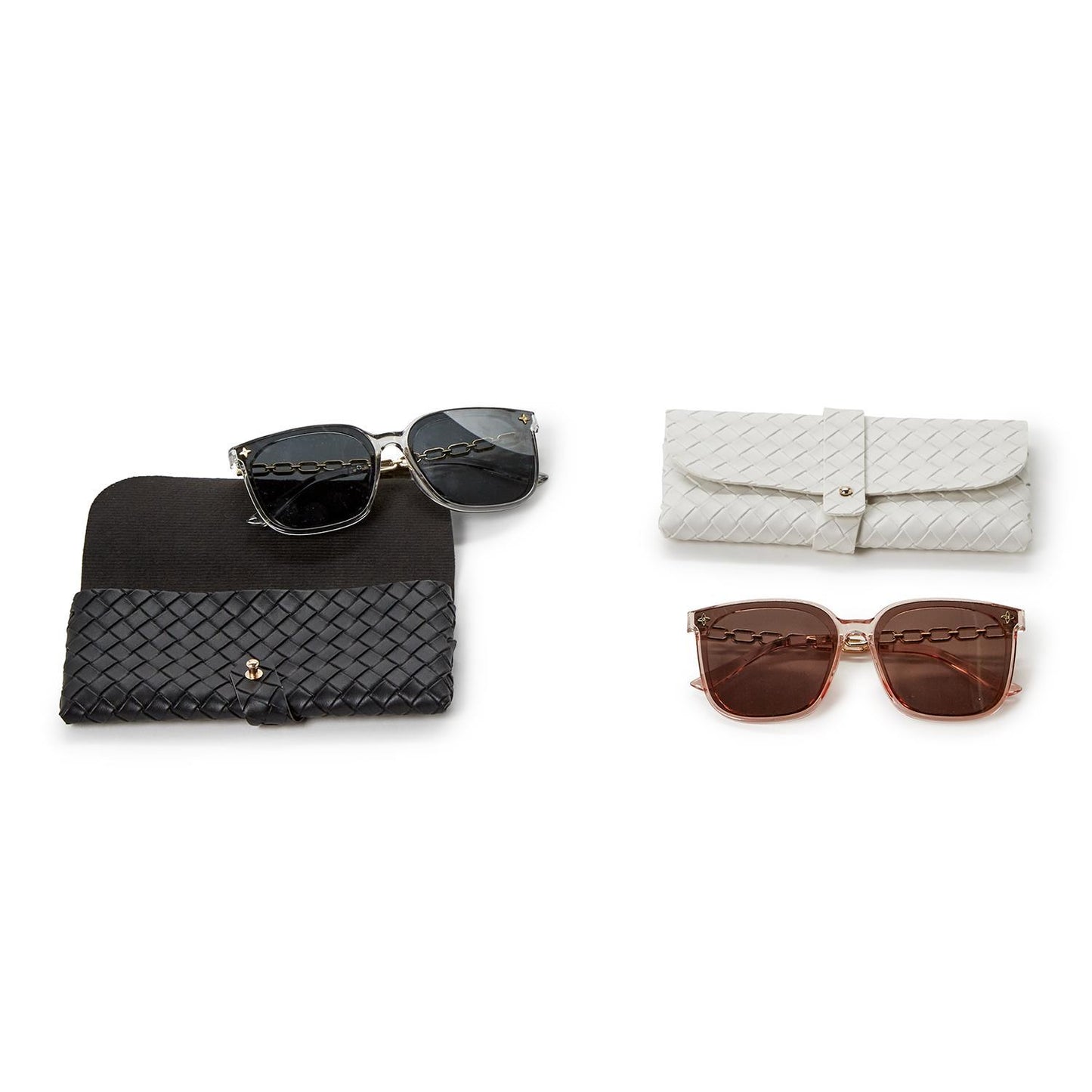 Two Chain Link Sunglasses, smoke or brown lenses, each in matching woven case. 100% UV protection. Sizes: S, M, L.