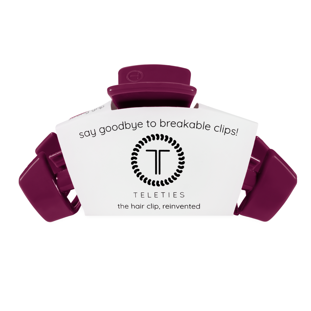 Classic Mulberry Large Claw Clip by TELETIES in packaging, labeled as unbreakable and reinvented. Size: Large.