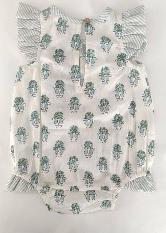 Sage print bubble dress with striped ruffle sleeves, leg openings, back button closure. Soft fabric. Sizes: NB-24M.