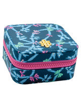 Small, square navy travel jewelry box with floral pattern, pink zipper, gold emblem. Available sizes: small.