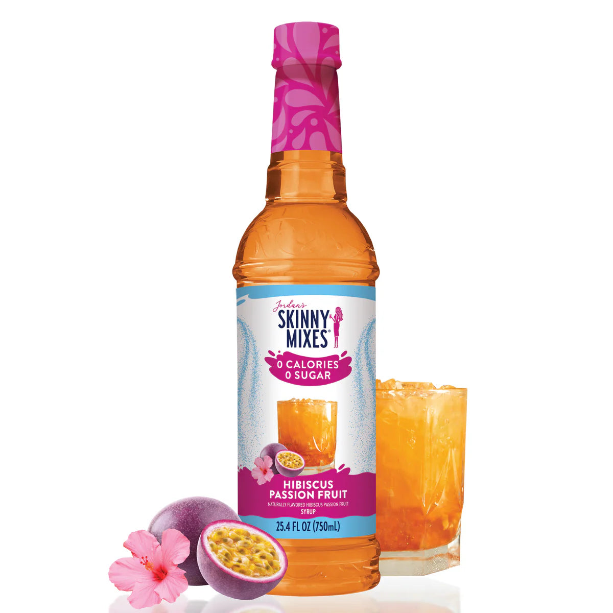 Hibiscus Passion Fruit Skinny Syrups bottle labeled 0 calories, 0 sugar; available in 750ml and 375ml sizes.