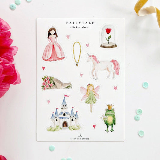 Matte vinyl sticker sheets with watercolor princess, unicorn, fairy art and pink hearts. Sizes: 4x6 in, 5x7 in.