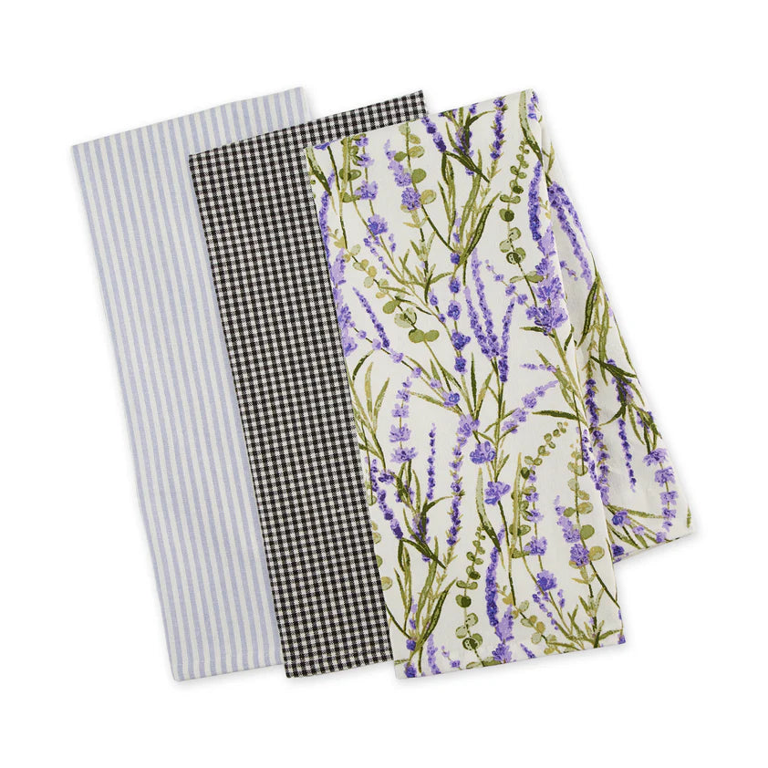 Set of four cloth napkins: blue stripes, black and white checks, green-purple floral pattern. Sizes available: 18"x18".