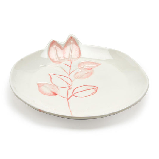 Round ceramic plates with glossy white finish, pink floral design, and leaf detail on rim. Available in 6" and 8" sizes.