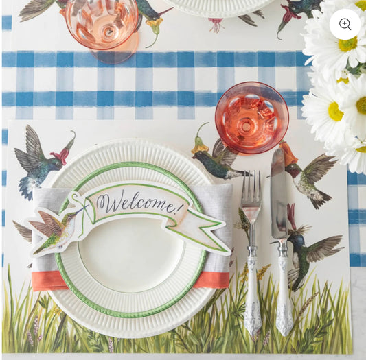 Hummingbird Banner Table Accent with colorful hummingbirds and green grass. Available in small, medium, and large sizes.