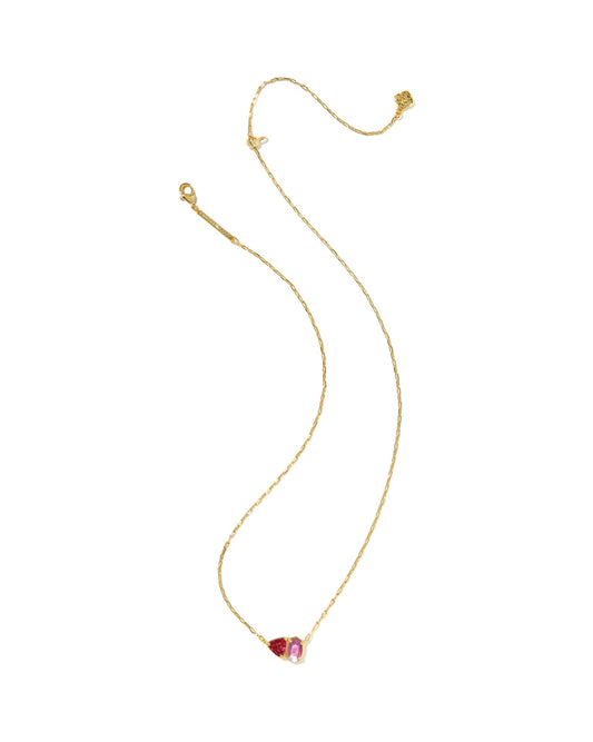 Tatum Short Pendant Necklace in 14k yellow gold with two small irregular pink stone pendants. Available in multiple sizes.