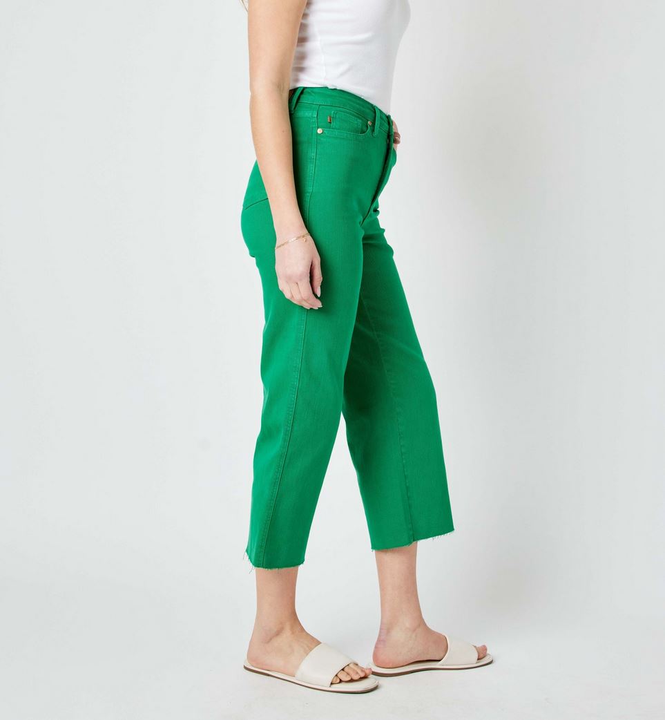 Judy Blue High Waist Garment Dyed Crop Wide Jeans in bright green. Available in sizes 0-24W.
