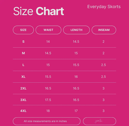 Size chart for Watch Me Bloom Floral Skort, sizes S–4XL with waist, length, inseam (in), and built-in shorts in all sizes.