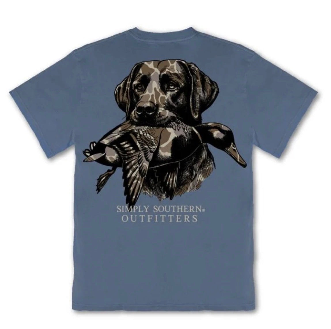 Blue mineral washed men’s T-shirt with a graphic of a dog holding a duck and “Simply Southern Outfitters” text below; available in sizes S-XXL.