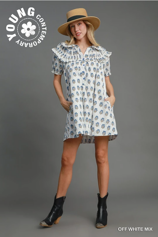 Bubble Sleeve Dress: loose-fitting cotton ruffled floral mini with puff sleeves. Color: Off White Mix. Sizes: XS-XL.