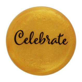 Round, shiny gold Wine Cap with "Celebrate" in black cursive at center. Available in standard and large sizes.