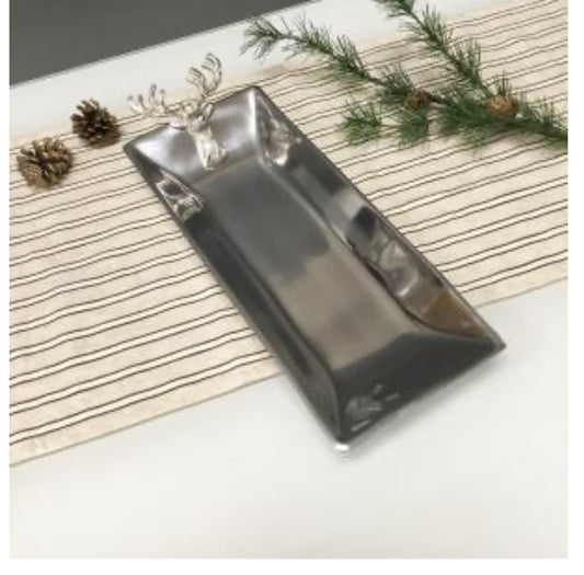 Texture Rectangle Deer Tray:
Silver color, rectangular shape. Adorned with a deer head ornament at one end. Available in 15x8 inches and 18x10 inches.