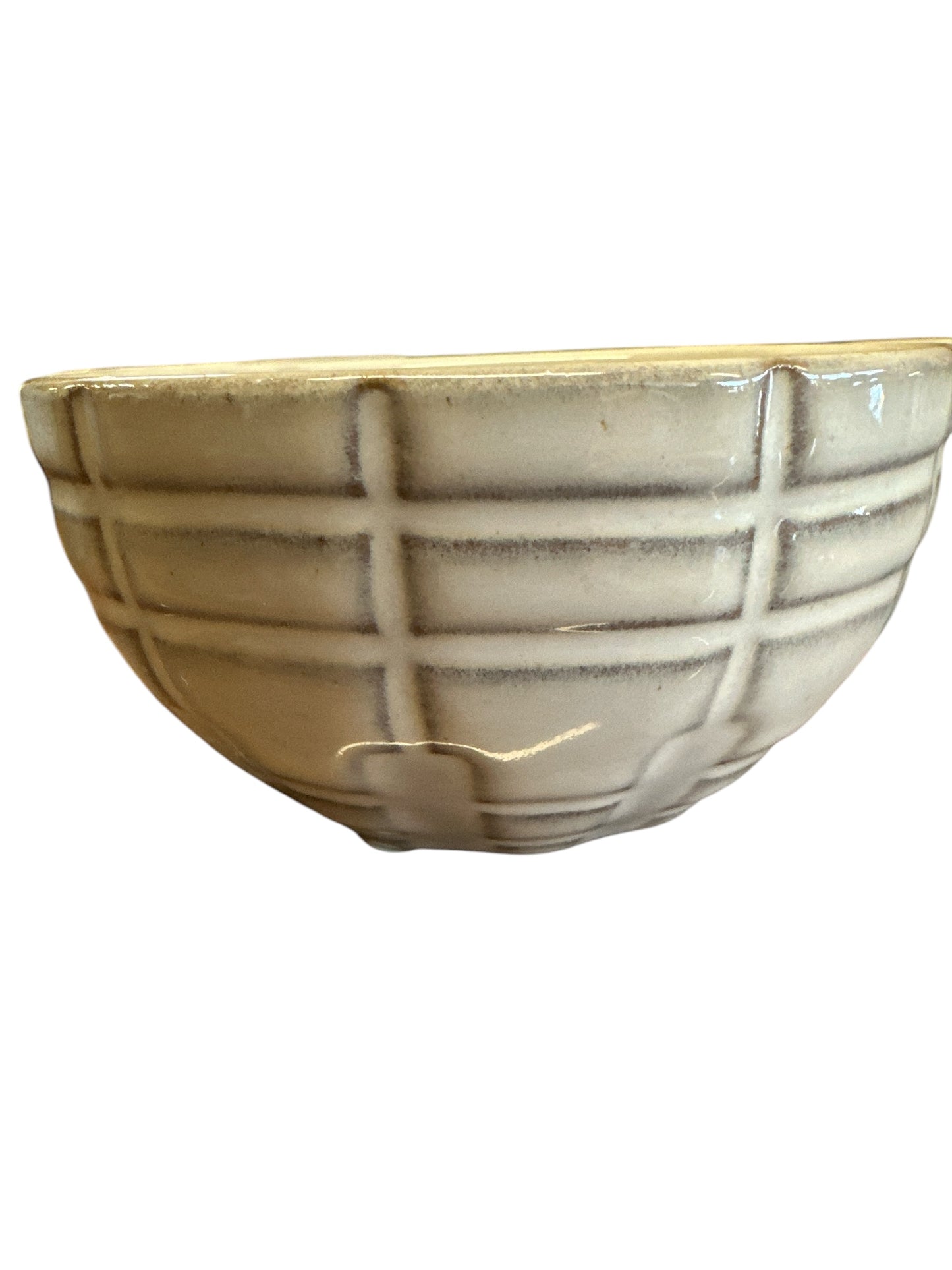 Beige stoneware bowl with embossed grid pattern, available in 4 styles and sizes.