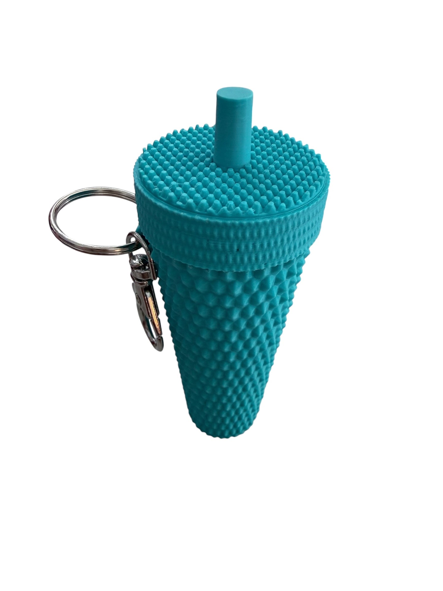 Teal, textured, cone-shaped cup keychain with round lid and short cylindrical handle on a silver key ring; available in multiple sizes.