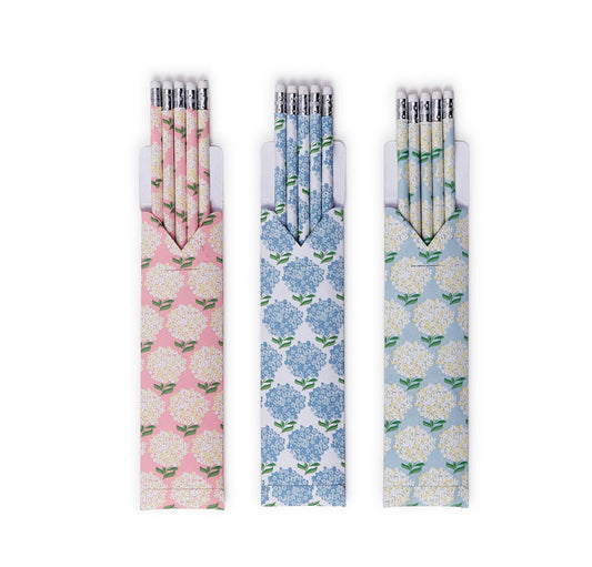 Three packs of Hydrangea Print Pencils, five per pack. Pink, purple, blue floral designs on pastel. Standard pencil size.