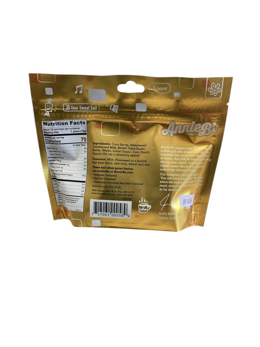 Gold Caramels Pouch, back view with nutrition facts and barcode; available in 4oz and 8oz sizes.