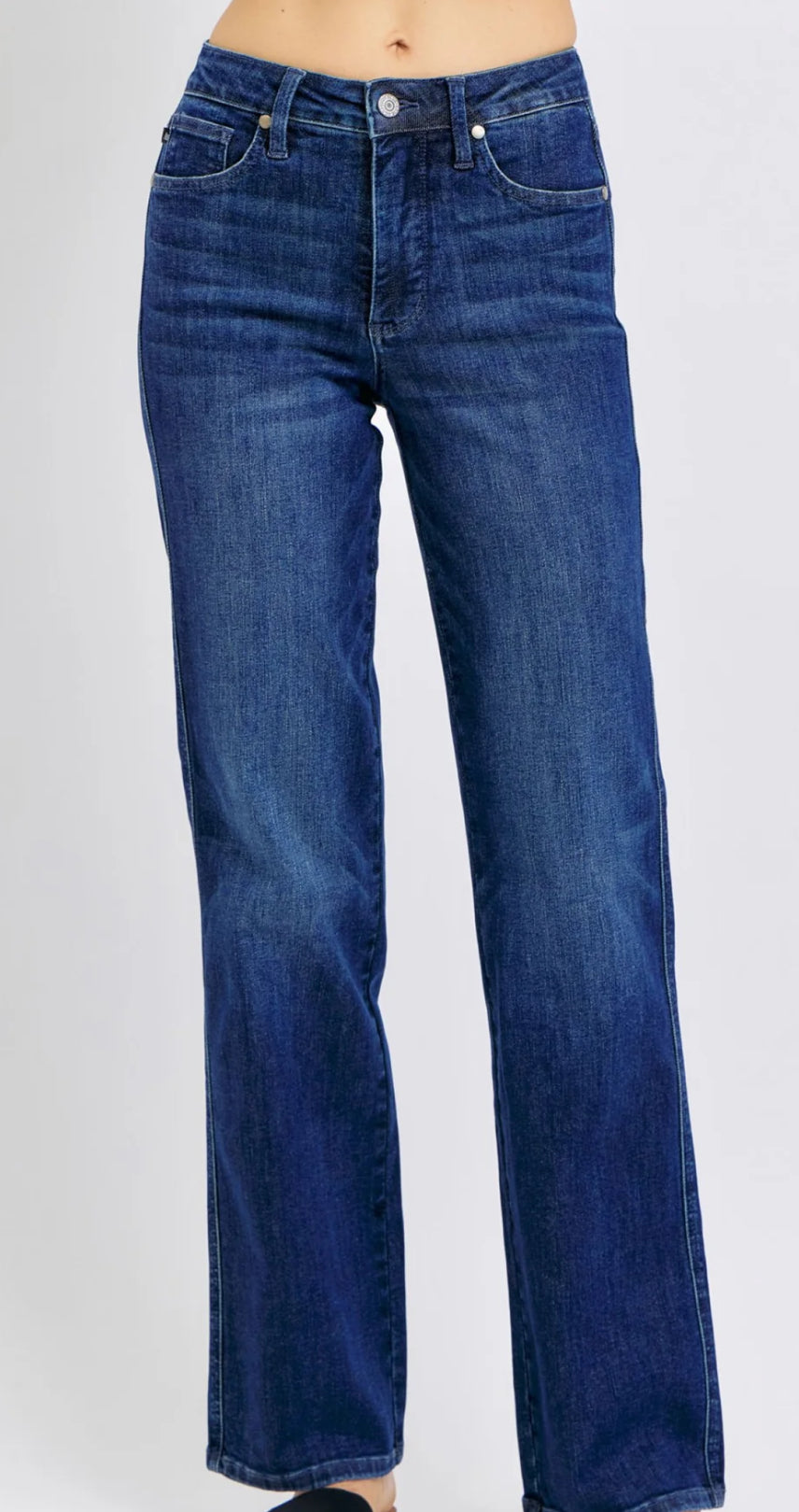 MR Tummy Control Classic Straight high-waisted dark blue jeans with front pockets, button closure. Available in sizes 2-18.
