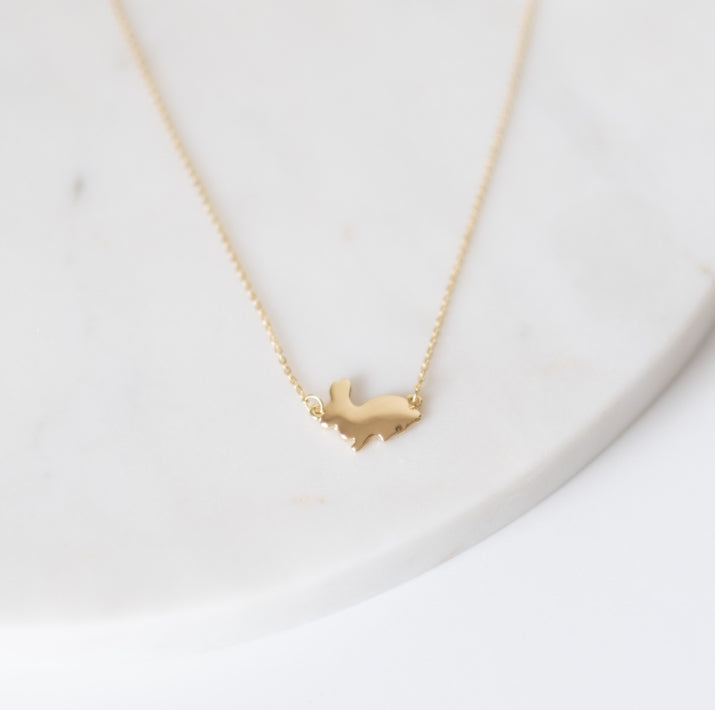 Bunny Necklace Gold with a delicate rabbit-shaped pendant, available in 18” size.
