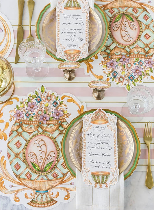 Pink & Gold Awning Runner shown as centerpiece, size 20’x25’; available sizes listed for product only.