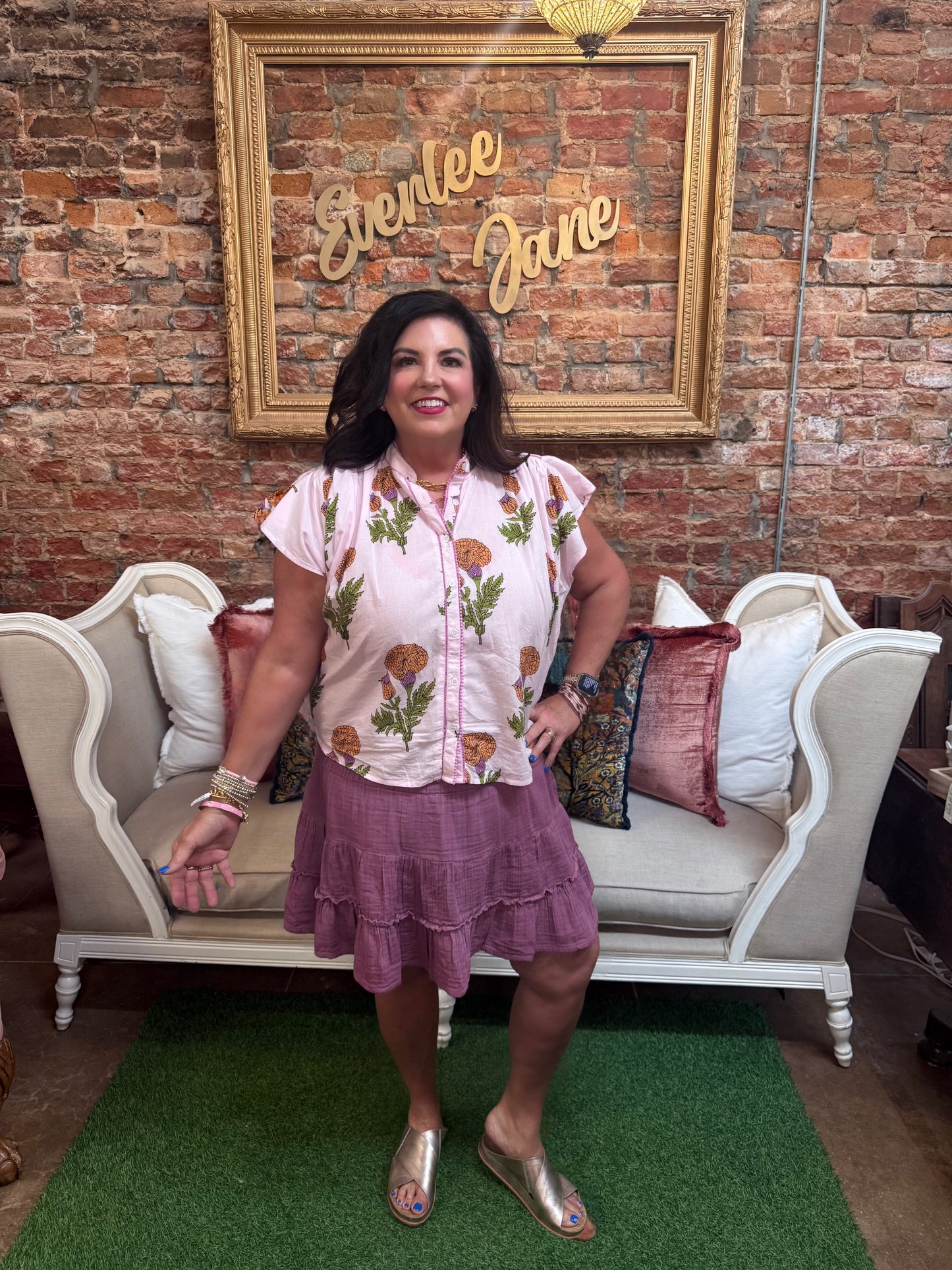 Fem De La Fleur Top: flutter sleeve cotton blouse in pink florals. Available in sizes XS–XL.