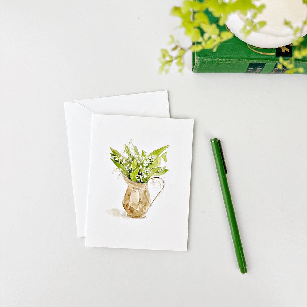 Assorted Flower Notecards, set of 8, watercolor cards with jug, green leaves, white flowers. Includes envelopes. Sizes: standard.