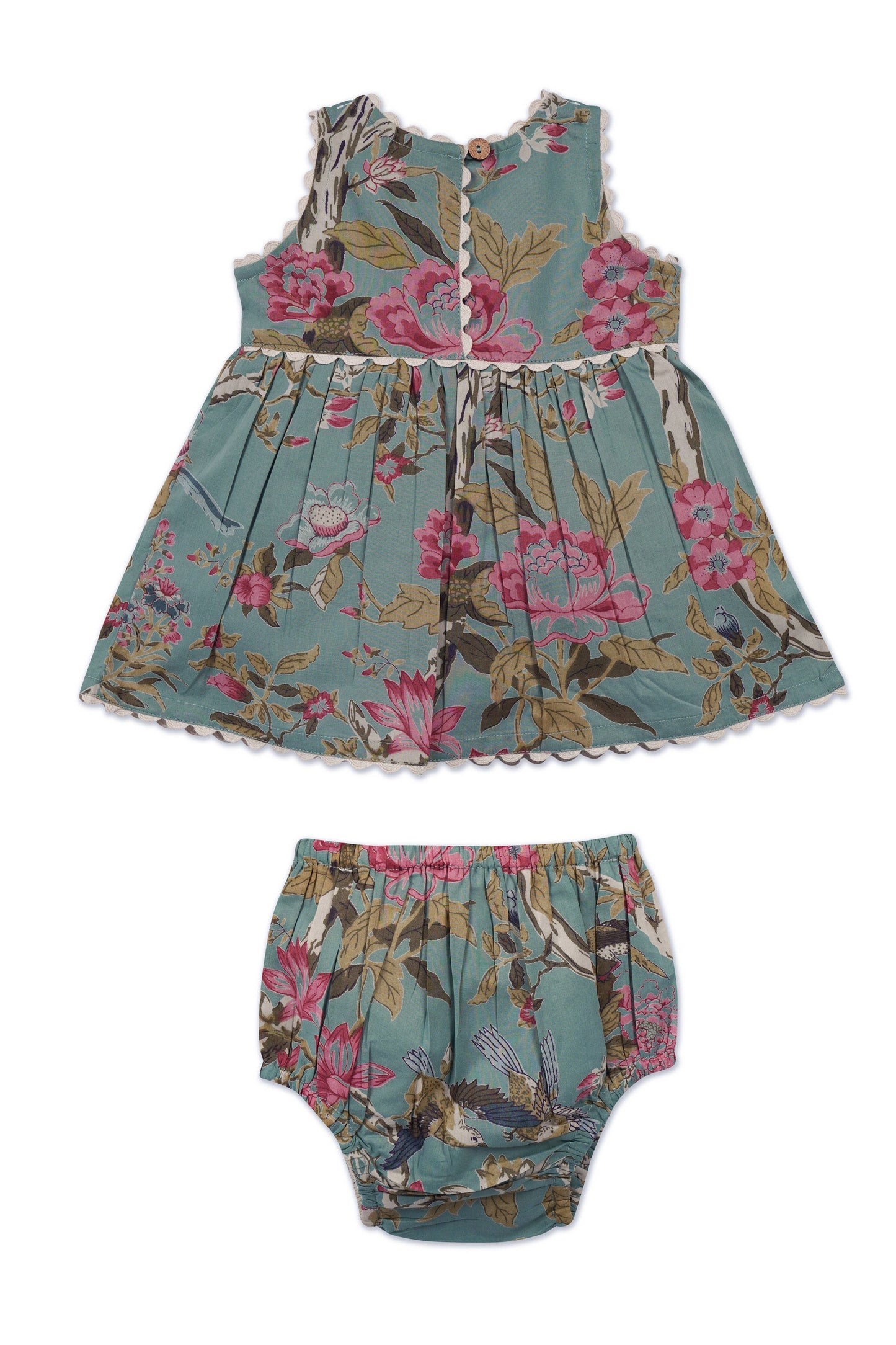 Sara Floral Dress in Sage for infants, sleeveless with scalloped edges, pink/cream/brown floral print. Sizes: 0-3M to 18-24M.
