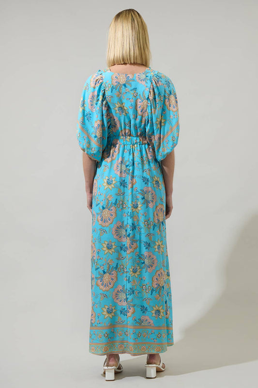 Raven Floral Hant V-Neck Midi Dress with floral print and v-neckline. Available in sizes XS–XL.