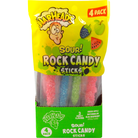 Warheads Sour Rock Candy, 4-pack, flavors: green apple, blue raspberry, watermelon. Each pack includes 3 colorful sour sticks.