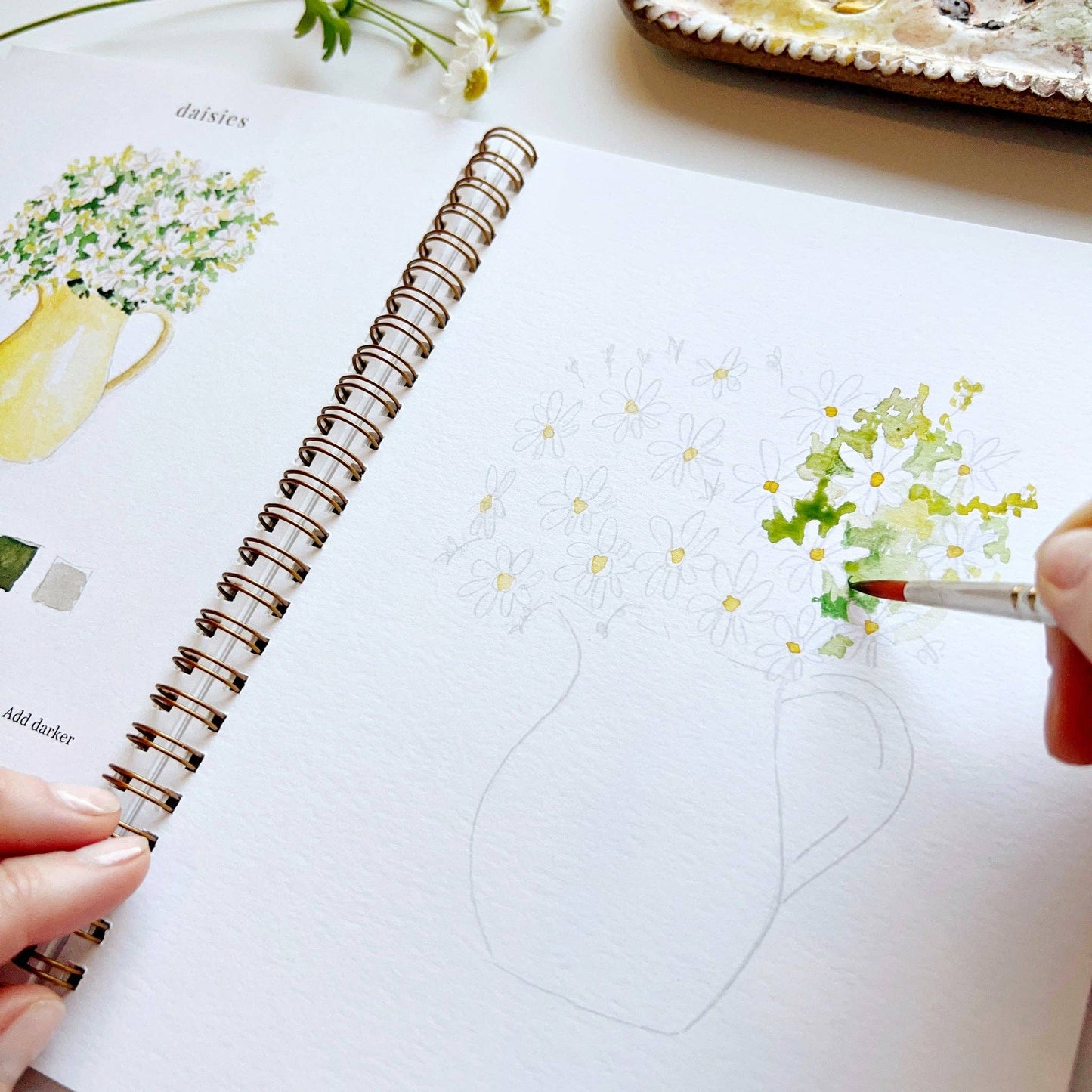 Flowers Watercolor Workbook spiral sketchbook with daisies tutorial; available in multiple sizes.