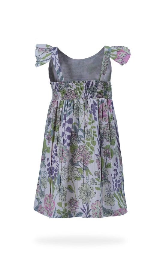 Sleeveless baby dress with ruffled straps, gathered waist, lavender floral print. Sizes: NB-24M.