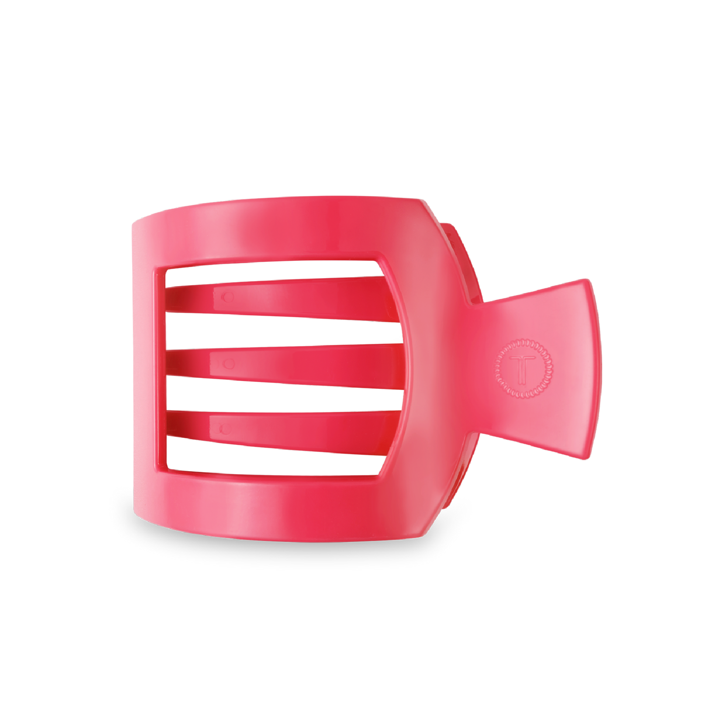 The TELETIES Square Flat Hair Clip is pink and rectangular, featuring four wide horizontal gaps. It has a strong-grip flat clip-like handle on the right for secure handling. Available in one size.