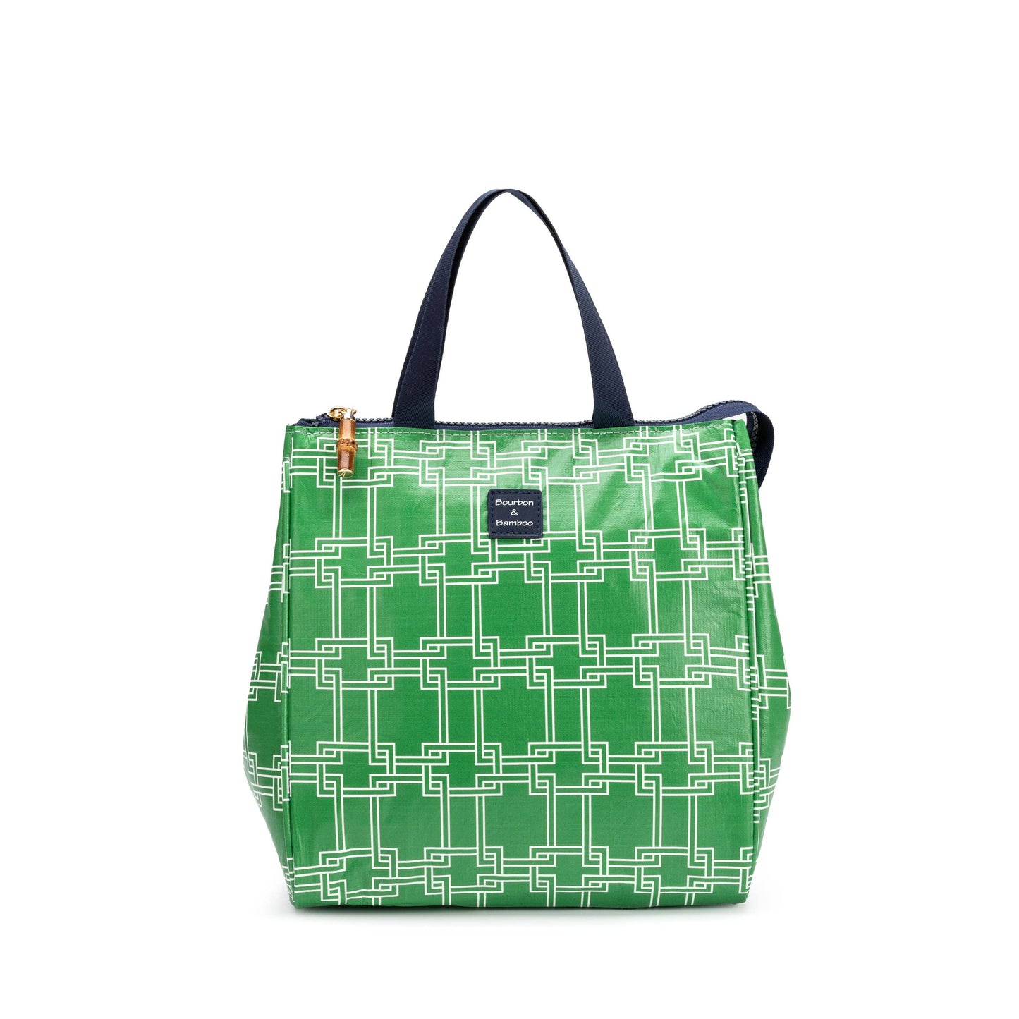 Green and white insulated lunch tote with lime buckle, available in small and large sizes. Keeps meals fresh for travel.