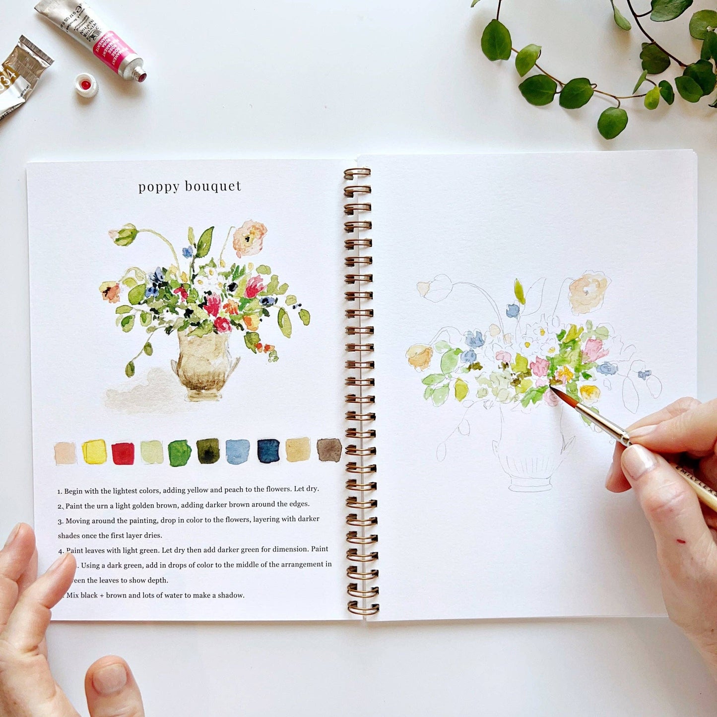 Bouquets Watercolor Workbook with floral illustrations, color swatches, and outlines. Available in 8x10 and 9x12 inches.