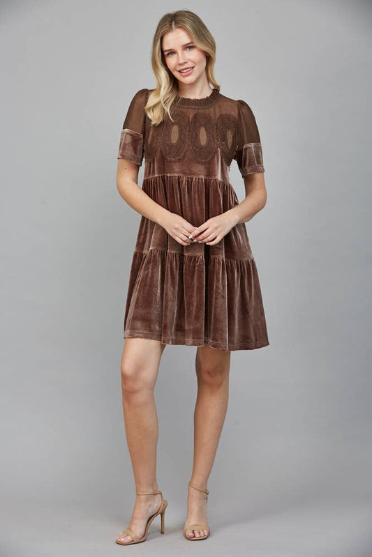 Contrast Sheer Mesh With Intricate Lace Detail Velvet Dress