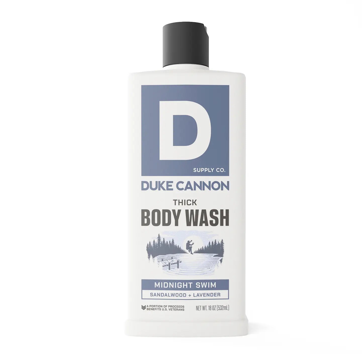 Duke Cannon Thick Body Wash Midnight Swim, 18oz, sandalwood lavender scent, blue and white label with large "D".