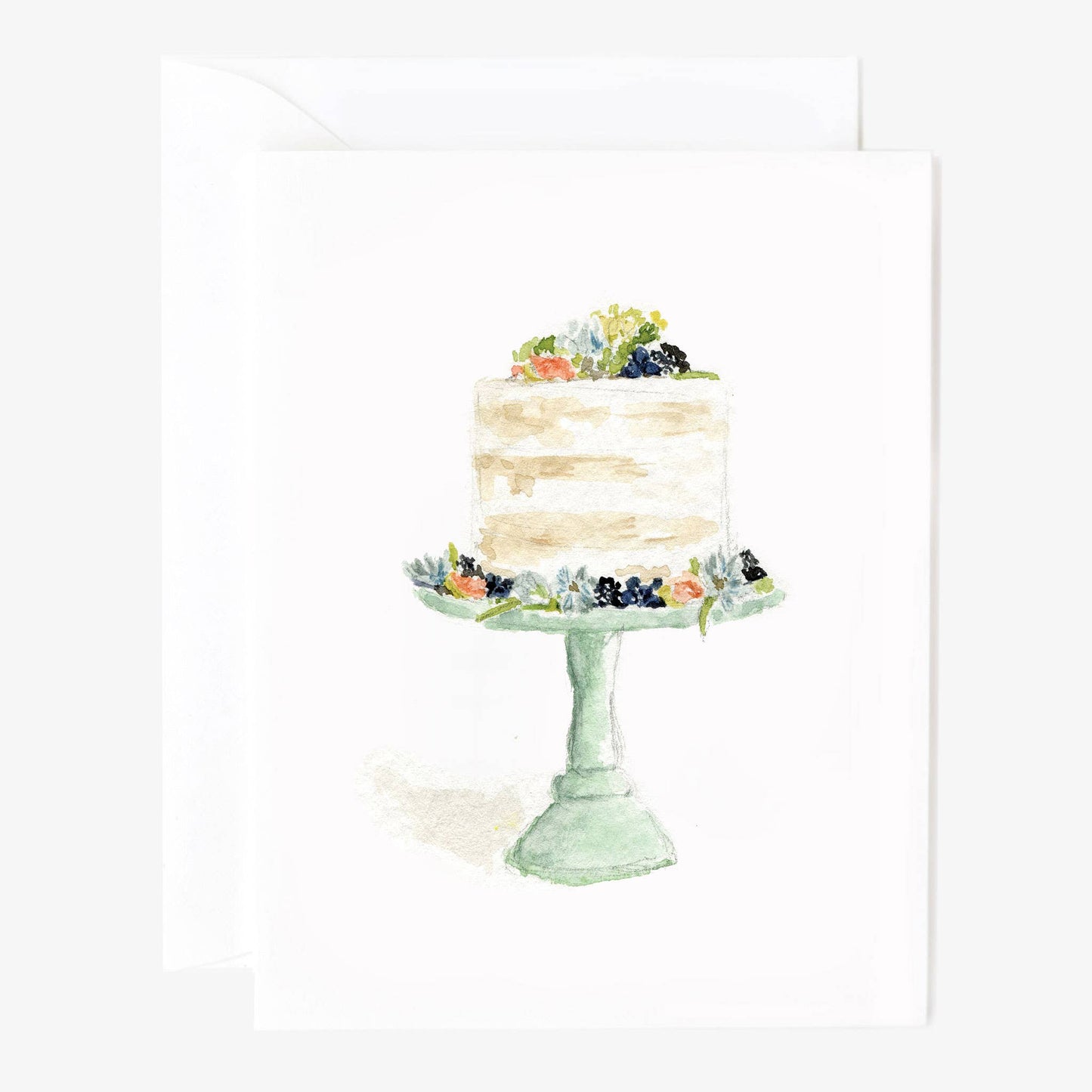 Set of 8 Cake Notecards with watercolor cake, berries, and flowers. Sizes available; concise design for any occasion.