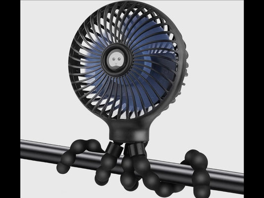 Portable Tripod Fan with blue blades, black grill, and flexible tripod legs. Available in 6-inch and 8-inch sizes.