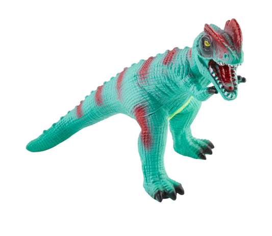 The Dino Toys With Sound is a realistic dinosaur toy in teal and red, featuring an open mouth with teeth, textured scales, prominent claws, and a bipedal stance with an extended tail. Sizes available: Small, Medium, Large.