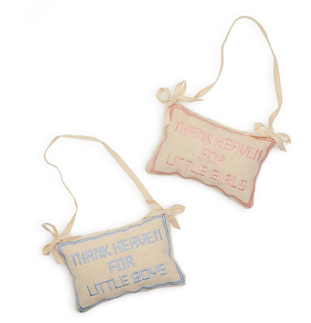 Thank Heaven Embroidered Pillow Door Hanger, pink or blue with ribbon, available in one size.