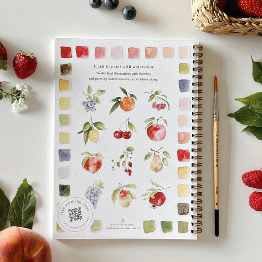 The Fruit Watercolor Workbook: spiral-bound, beginner painting guide with fruit art and colorful borders. Sizes available.