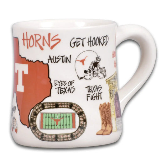 UT Icon Mug by Magnolia Lane with Texas-themed illustrations; available in standard mug size.