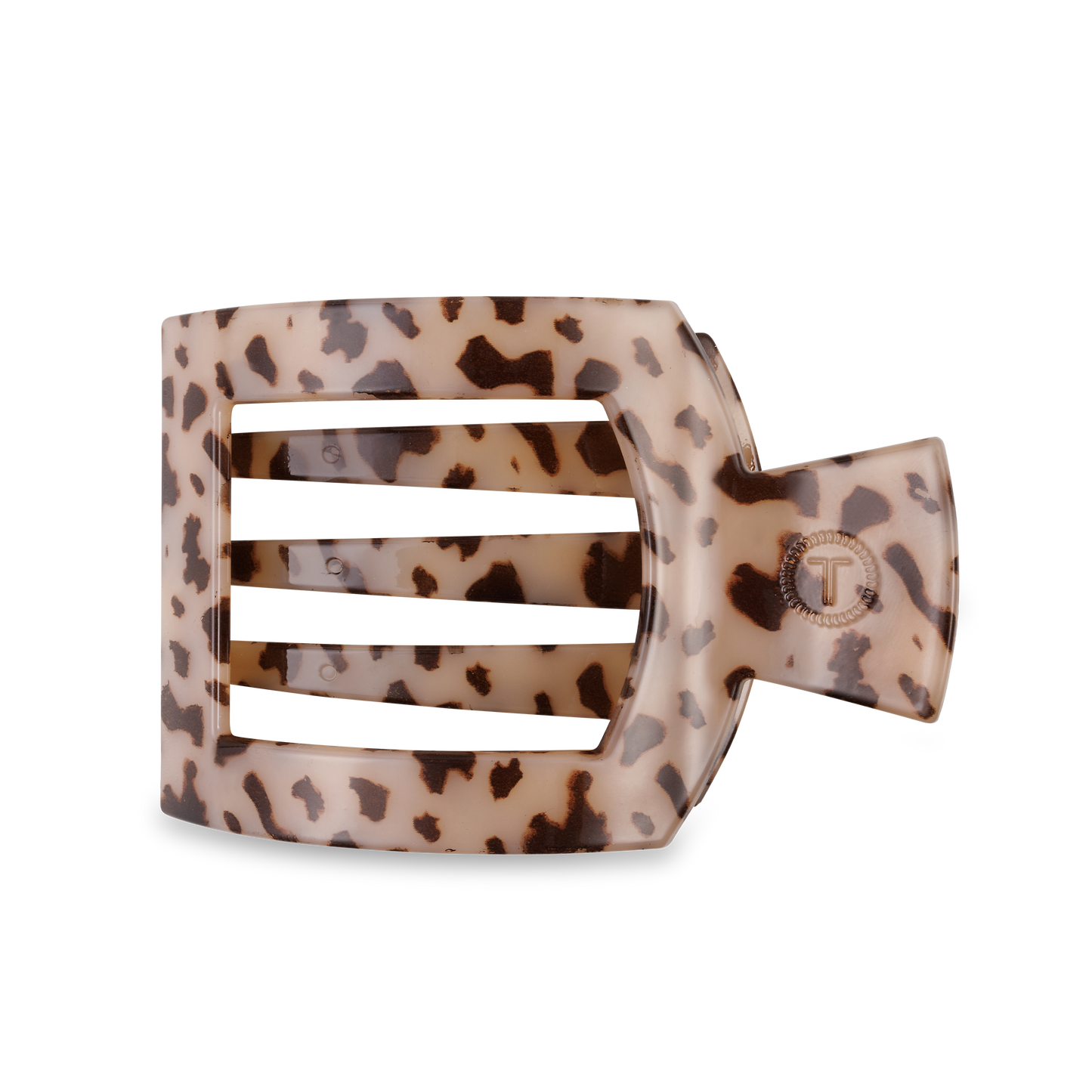 The TELETIES Square Flat Hair Clip in glossy leopard print offers a strong grip with its three horizontal bars and side hinge. Available sizes: Small, Large.